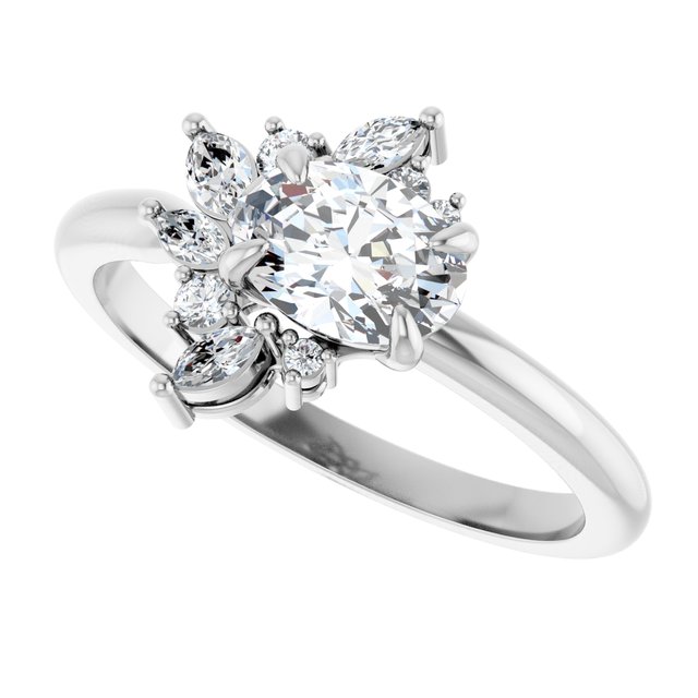 Floral cluster ring with oval center, detail of floral diamond surround variant--Oval variant--1CT variant--14K-white-gold