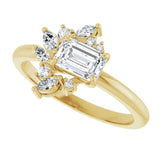 Floral cluster diamond ring in yellow gold with emerald-cut center stone, front view/2-CT variant--.5CT variant--Emerald variant--.5CT variant--14K-yellow-gold