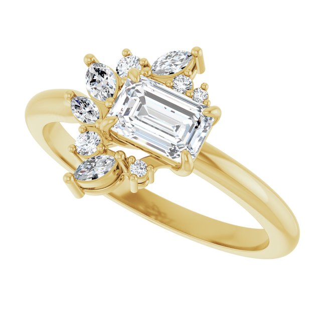 Floral cluster diamond ring in yellow gold with emerald-cut center stone, front view/2-CT variant--.5CT variant--Emerald variant--.5CT variant--14K-yellow-gold
