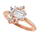 Floral cluster diamond ring in white gold showing side diamond arrangement/2-CT variant--.5CT variant--Emerald variant--.5CT variant--14K-rose-gold