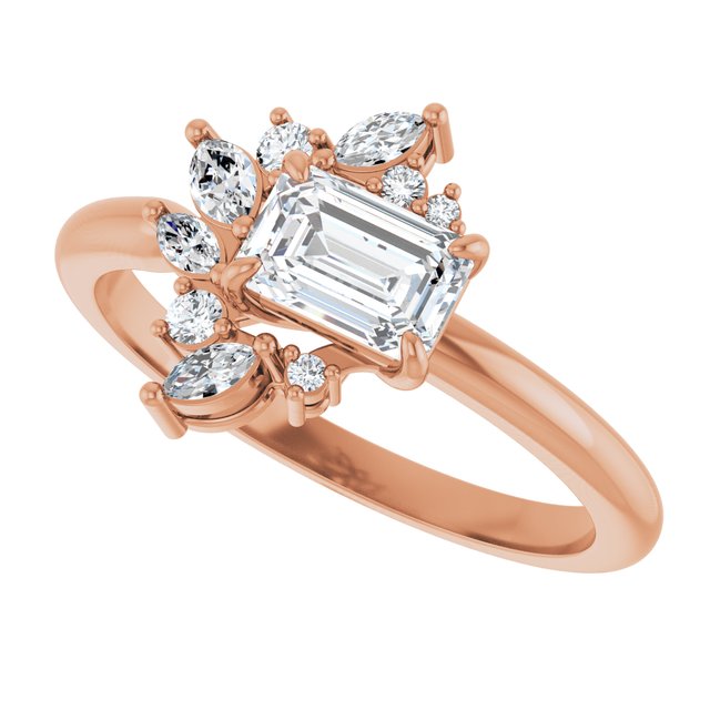 Floral cluster diamond ring in white gold showing side diamond arrangement/2-CT variant--.5CT variant--Emerald variant--.5CT variant--14K-rose-gold