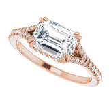 East-west halo engagement ring three-quarter angle showing modern horizontal profile variant--14K-rose-gold variant--Diamond-Lab variant--Diamond-Nat