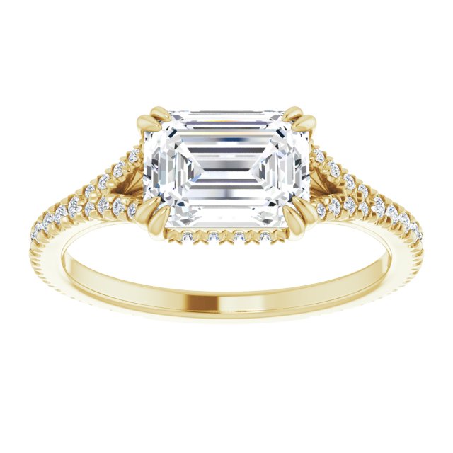 14K yellow gold 1.75 CT Emerald-Cut French-Set East-West Lab Diamond Halo Engagement Ring Setting