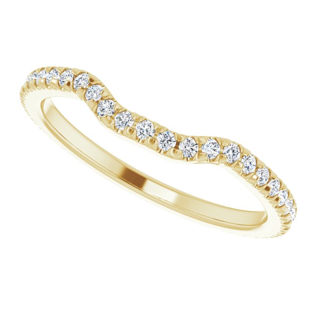 East-west matching band in yellow gold, top view of French-set diamond curve variant--14K-yellow-gold