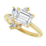 Floral cluster diamond ring in yellow gold showing full ring silhouette/2-CT.5CT variant--Emerald variant--1.5CT variant--14K-yellow-gold