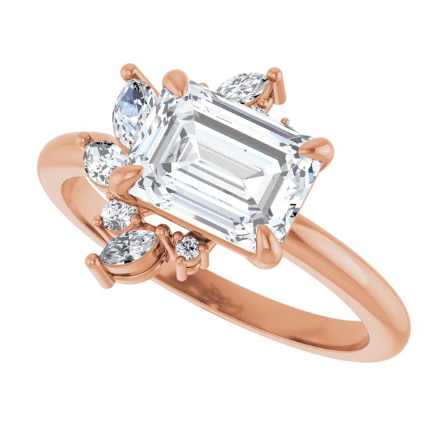Floral cluster diamond ring in white gold with larger emerald-cut center/2-CT.5CT variant--Emerald variant--1.5CT variant--14K-rose-gold