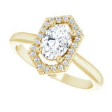 Vintage diamond halo engagement ring in 14K gold, diamond center, side profile/4-CT variant--.75CT variant--.75CT variant--14K-yellow-gold