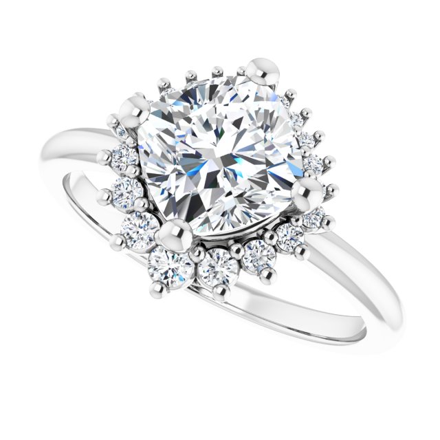 Saddle halo diamond engagement ring setting in 14K gold, diamond center, side profile variant--Asscher variant--Diamond variant--14K-white-gold variant--Cushion variant--Diamond-Lab variant--Diamond-Nat