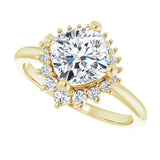 Saddle halo diamond engagement ring setting in 14K gold, diamond center, close-up of halo detail variant--Cushion variant--Diamond-Lab variant--14K-yellow-gold variant--Diamond-Nat