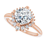 Saddle halo diamond engagement ring setting in 14K gold, diamond center, overhead view variant--Cushion variant--Diamond-Lab variant--14K-rose-gold variant--Diamond-Nat