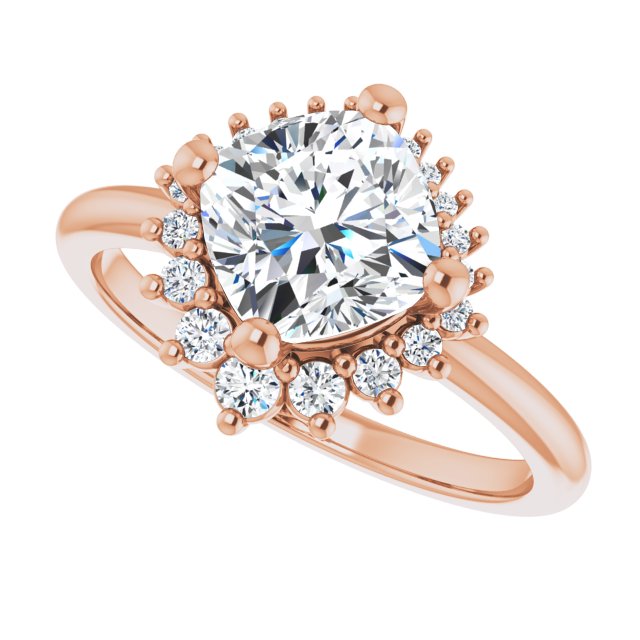 Saddle halo diamond engagement ring setting in 14K gold, diamond center, overhead view variant--Cushion variant--Diamond-Lab variant--14K-rose-gold variant--Diamond-Nat