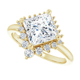 Saddle halo diamond engagement ring setting in 14K gold, diamond center, front view variant--Square variant--Diamond-Lab variant--14K-yellow-gold variant--Diamond-Nat