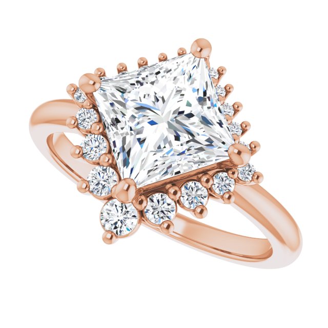 Saddle halo diamond engagement ring setting in 14K gold, diamond center, side profile variant--Square variant--Diamond-Lab variant--14K-rose-gold variant--Diamond-Nat