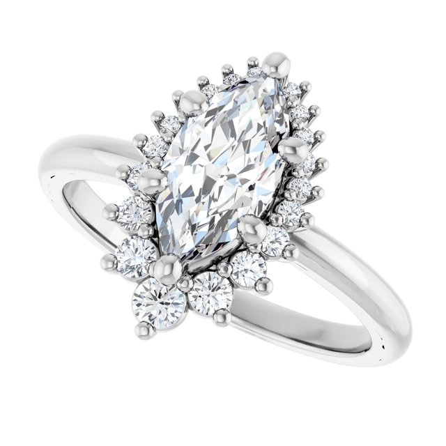 Saddle halo diamond engagement ring setting in 14K gold, diamond center, close-up of halo detail variant--Oval variant--Diamond-Lab variant--14K-white-gold variant--Diamond variant--Marquise