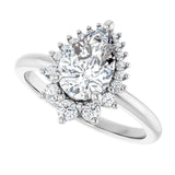 Saddle halo diamond engagement ring setting in 14K gold, diamond center, close-up of halo detail variant--Pear variant--Diamond-Lab variant--14K-white-gold variant--Diamond