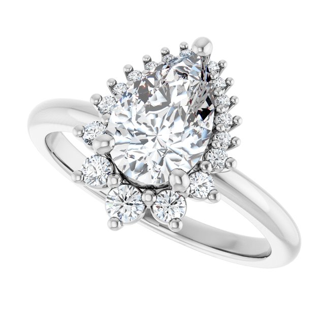 Saddle halo diamond engagement ring setting in 14K gold, diamond center, close-up of halo detail variant--Pear variant--Diamond-Lab variant--14K-white-gold variant--Diamond