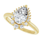 Saddle halo diamond engagement ring setting in 14K gold, diamond center, overhead view variant--Pear variant--Diamond-Lab variant--14K-yellow-gold variant--Diamond
