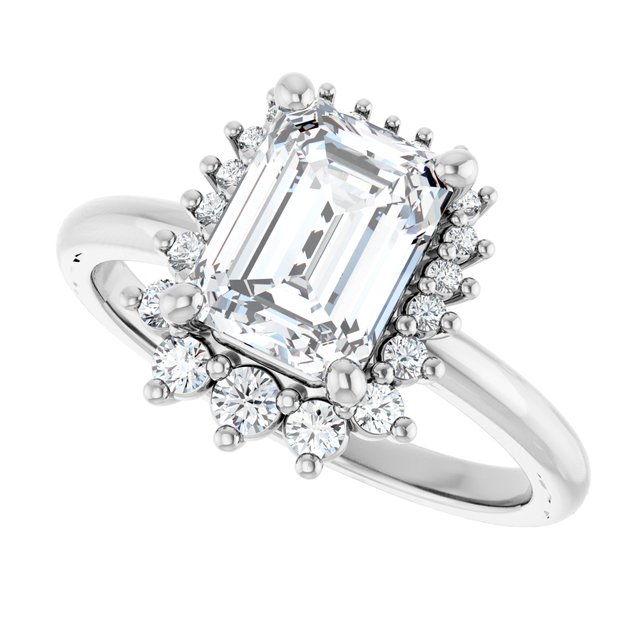 Saddle halo diamond engagement ring setting in 14K gold, diamond center, front view variant--Emerald variant--Diamond-Lab variant--14K-white-gold variant--Diamond