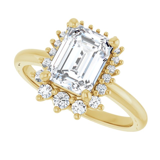 Saddle halo diamond engagement ring setting in 14K gold, diamond center, side profile variant--Emerald variant--Diamond-Lab variant--14K-yellow-gold variant--Diamond