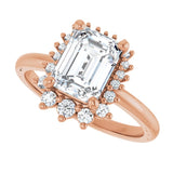 Saddle halo diamond engagement ring setting in 14K gold, diamond center, close-up of halo detail variant--Emerald variant--Diamond-Lab variant--14K-rose-gold variant--Diamond