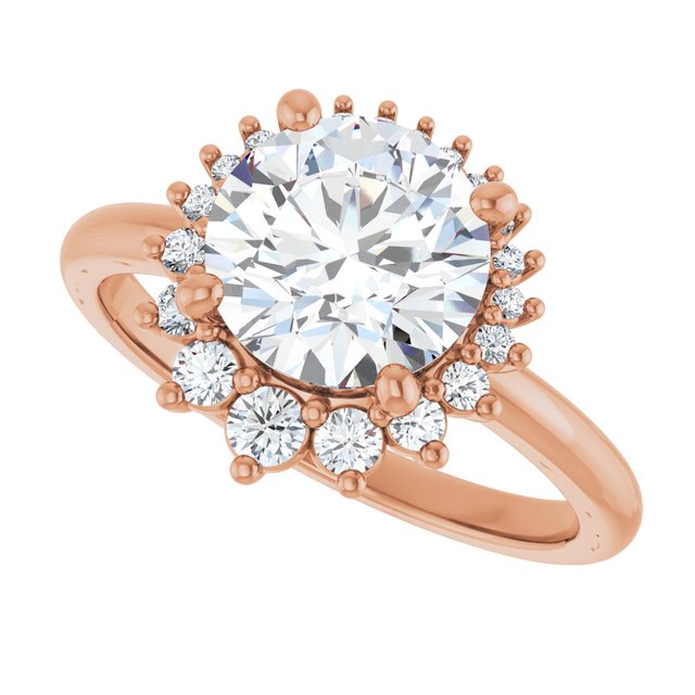 Saddle halo diamond engagement ring setting in 14K gold, diamond center, close-up of halo detail variant--Round variant--Diamond-Lab variant--14K-rose-gold variant--Diamond-Nat