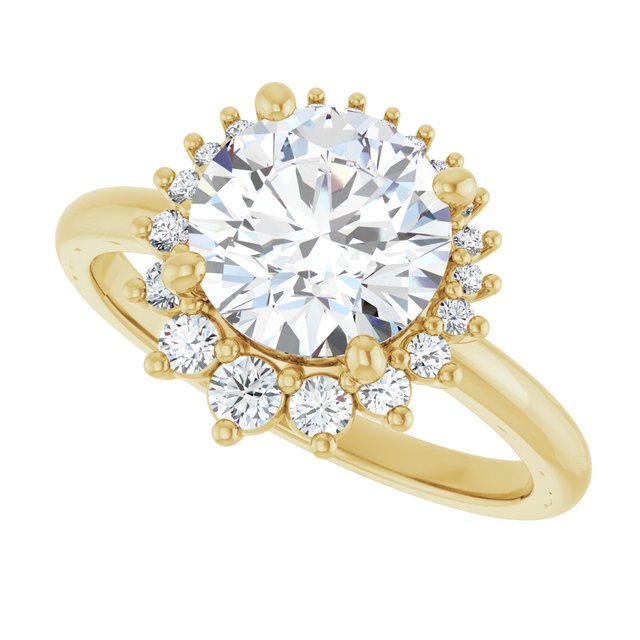 Saddle halo diamond engagement ring setting in 14K gold, diamond center, front view variant--Round variant--Diamond-Lab variant--14K-yellow-gold variant--Diamond-Nat