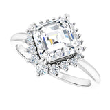 Saddle halo diamond engagement ring setting in 14K gold, diamond center, overhead view variant--Asscher variant--Diamond-Lab variant--14K-white-gold