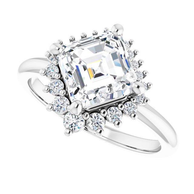 Saddle halo diamond engagement ring setting in 14K gold, diamond center, overhead view variant--Asscher variant--Diamond-Lab variant--14K-white-gold