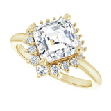 Saddle halo diamond engagement ring setting in 14K gold, diamond center, front view variant--Asscher variant--Diamond-Lab variant--14K-yellow-gold variant--Diamond