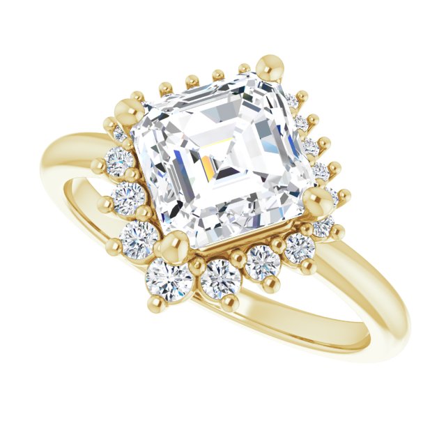 Saddle halo diamond engagement ring setting in 14K gold, diamond center, front view variant--Asscher variant--Diamond-Lab variant--14K-yellow-gold variant--Diamond