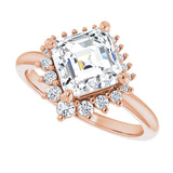 Saddle halo diamond engagement ring setting in 14K gold, diamond center, side profile variant--Asscher variant--Diamond-Lab variant--14K-rose-gold variant--Diamond