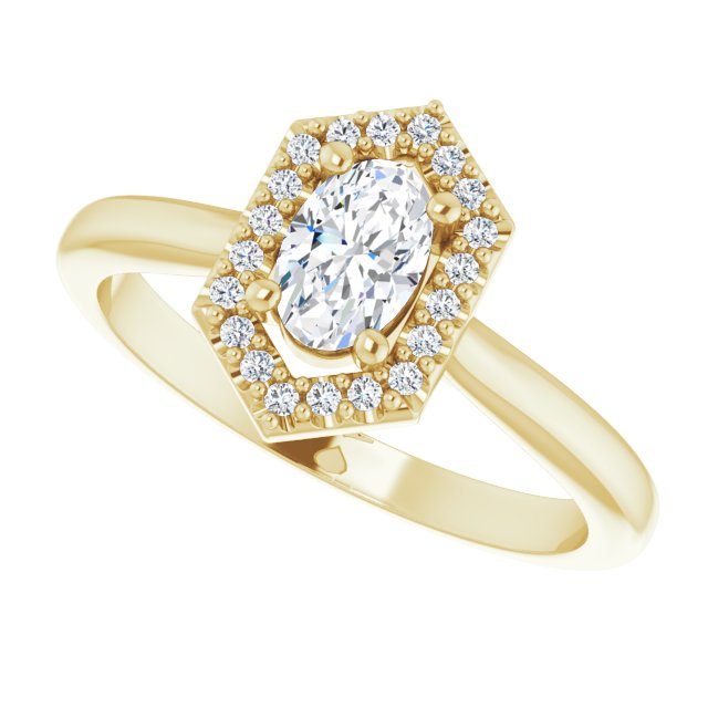 Vintage diamond halo engagement ring in 14K gold, diamond center, close-up of halo/2-CT variant--.5CT variant--.5CT variant--14K-yellow-gold