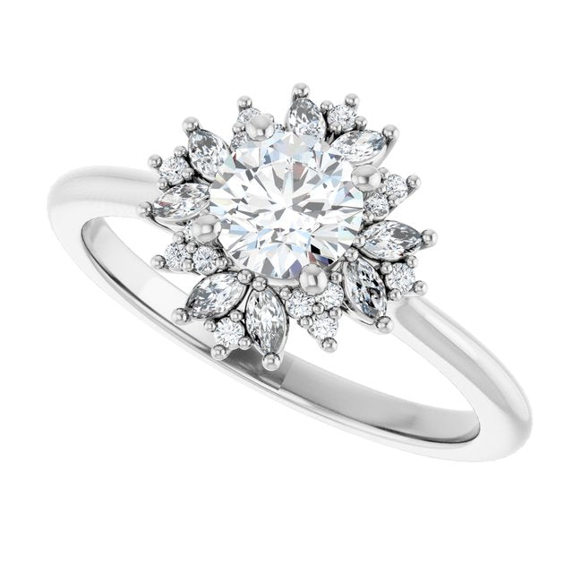 Floral halo ring round center stone, profile view/2-CT variant--.5CT variant--Round variant--.5CT variant--14K-white-gold