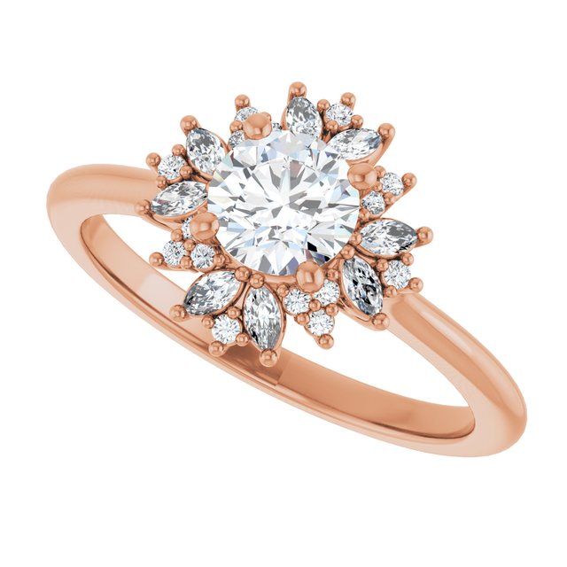 Floral halo ring round center, three-quarter angle/2-CT variant--.5CT variant--Round variant--.5CT variant--14K-rose-gold