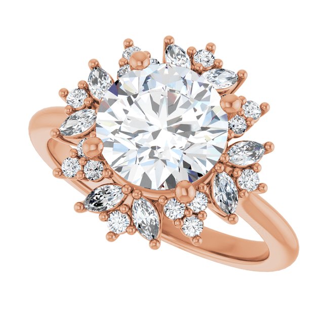 Floral halo ring asscher center, top-down view variant--Round variant--2CT variant--14K-rose-gold