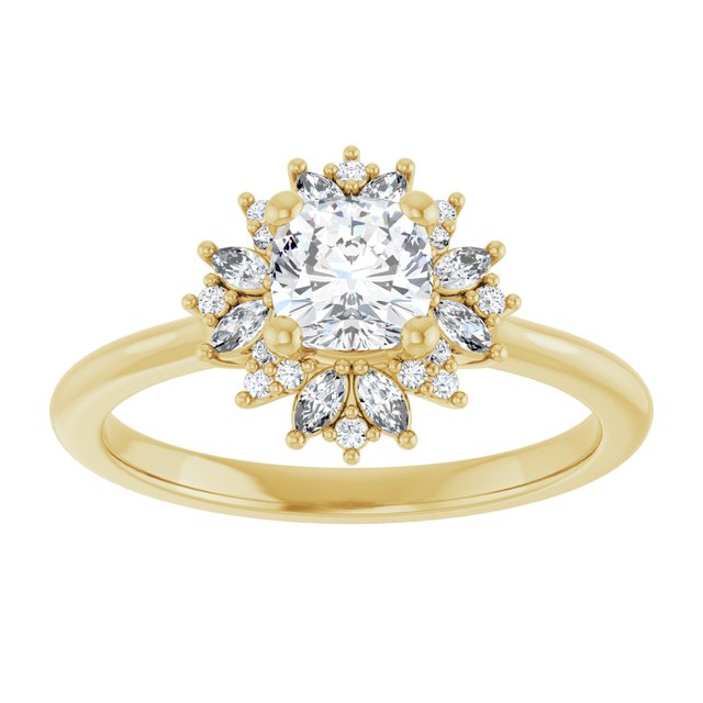 14K yellow gold .5CT Cushion-cut Diamond Floral Halo Diamond Engagement Ring Setting/2-CT variant--.5CT variant--Cushion variant--.5CT variant--14K-yellow-gold