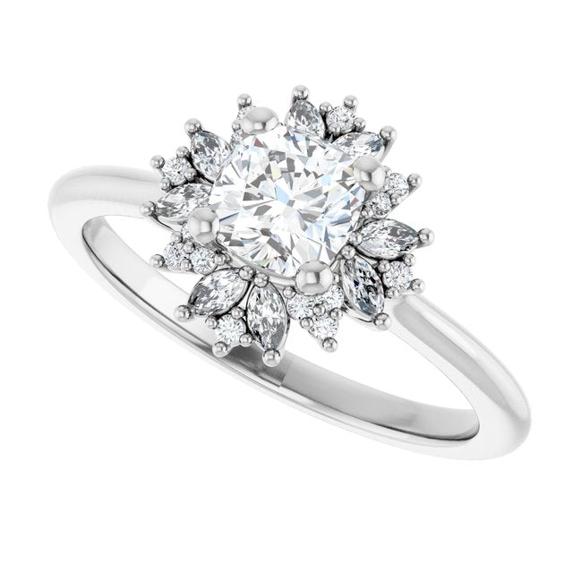 Floral halo ring cushion center, profile showing proportions/2-CT variant--.5CT variant--Cushion variant--.5CT variant--14K-white-gold
