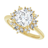 Floral halo ring with 2CT cushion center in gold variant--Cushion variant--2CT variant--14K-yellow-gold