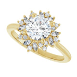 Floral halo ring with 1CT round center, full front view variant--Round variant--1CT variant--14K-yellow-gold