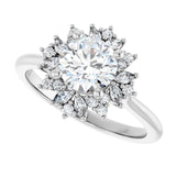 Floral halo ring 1CT round center, side view showing proportions variant--Round variant--1CT variant--14K-white-gold