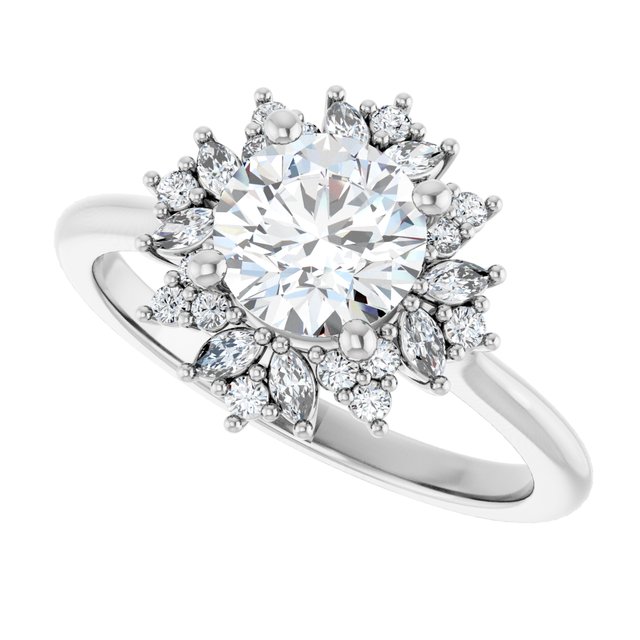 Floral halo ring 1CT round center, side view showing proportions variant--Round variant--1CT variant--14K-white-gold