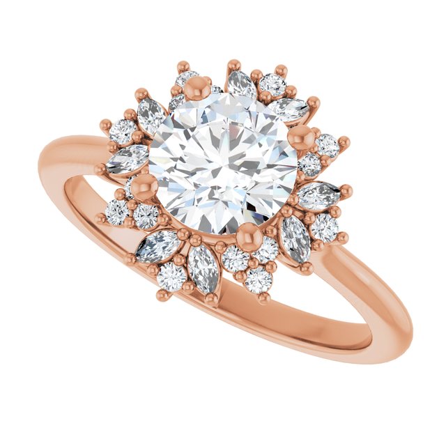 Floral halo ring 2CT round center, alternate angle view variant--Round variant--1CT variant--14K-rose-gold