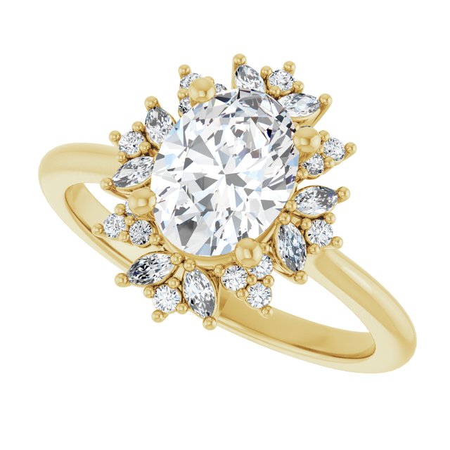 Floral halo ring showing 1CT oval center stone option variant--Oval variant--1CT variant--14K-yellow-gold
