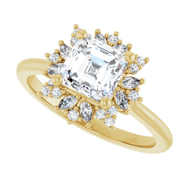 Floral halo ring with 1CT asscher center, front view variant--Asscher variant--1CT variant--14K-yellow-gold