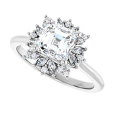 Floral halo ring asscher, side profile showing setting height variant--Asscher variant--1CT variant--14K-white-gold