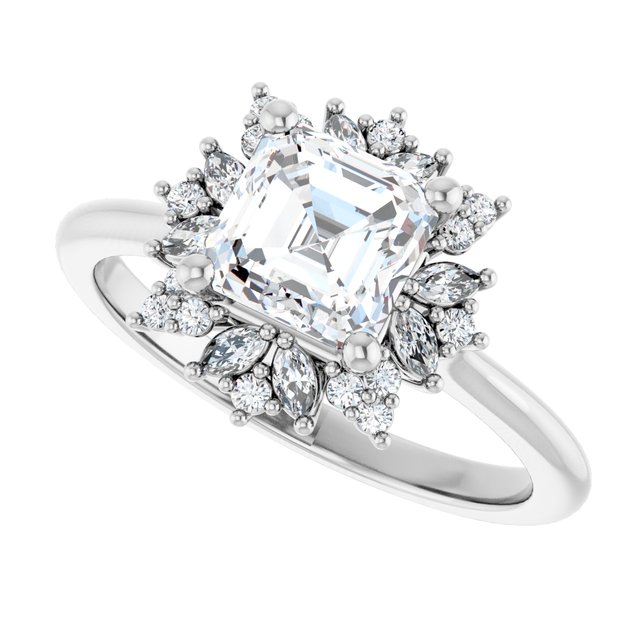 Floral halo ring asscher, side profile showing setting height variant--Asscher variant--1CT variant--14K-white-gold