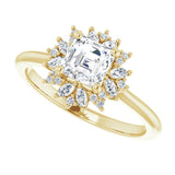 Floral halo ring with asscher-cut center stone in gold/2-CT variant--.5CT variant--Asscher variant--.5CT variant--14K-yellow-gold