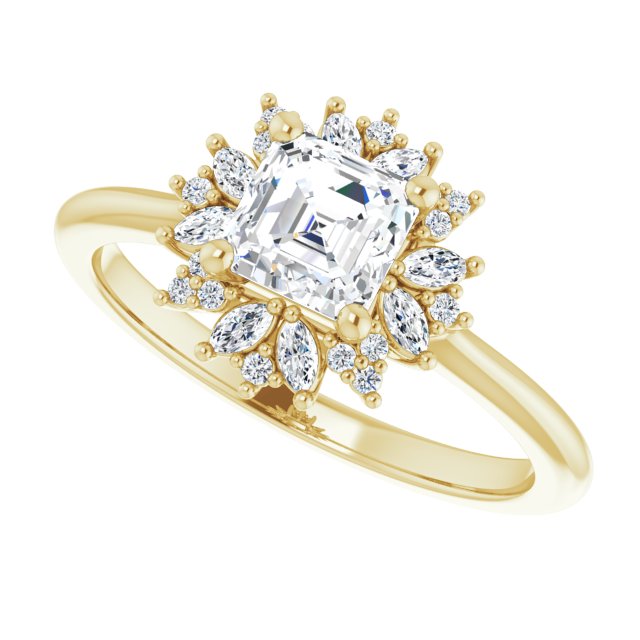 Floral halo ring with asscher-cut center stone in gold/2-CT variant--.5CT variant--Asscher variant--.5CT variant--14K-yellow-gold
