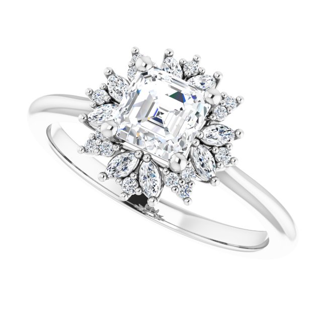 Floral halo ring asscher center, alternate angle showing halo/2-CT variant--.5CT variant--Asscher variant--.5CT variant--14K-white-gold