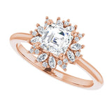 Floral halo ring asscher center, three-quarter detail view/2-CT variant--.5CT variant--Asscher variant--.5CT variant--14K-rose-gold